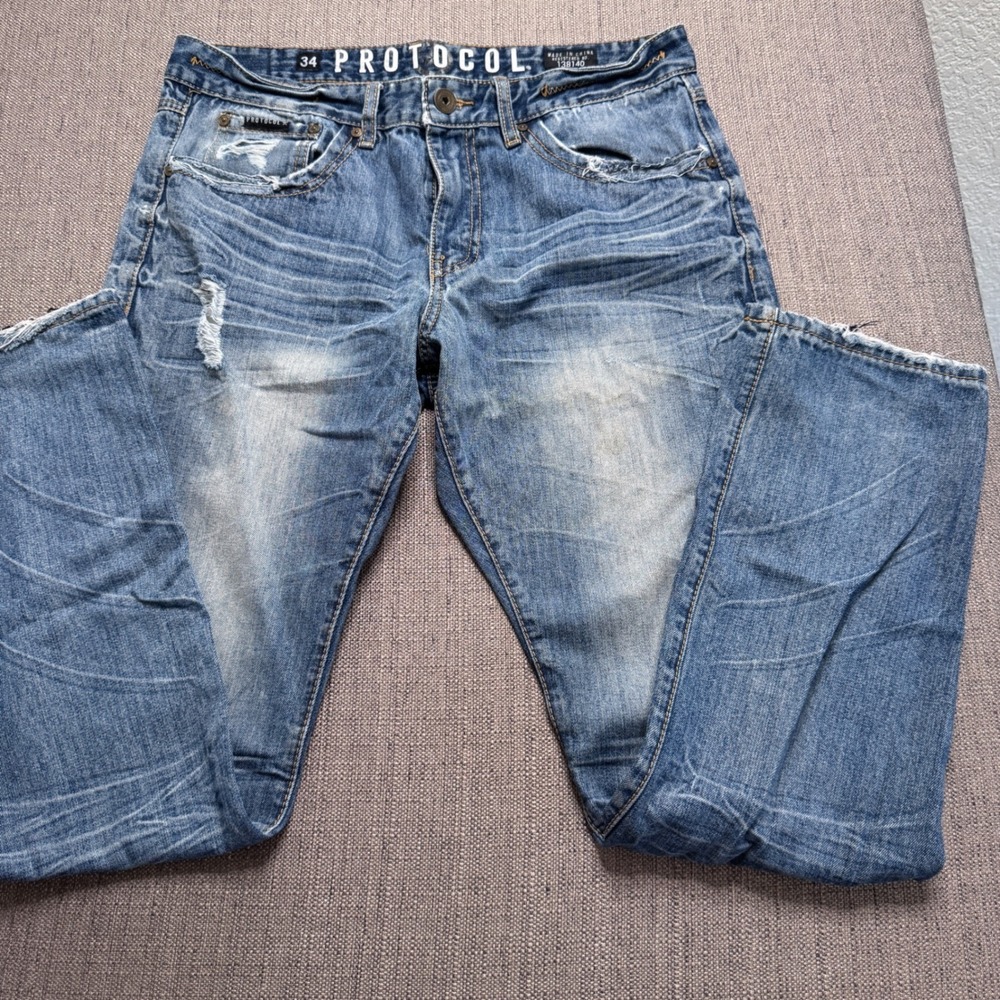 Protocol Mens Distressed Straight Leg Jeans Blue Medium Wash Size 34 RN 138140